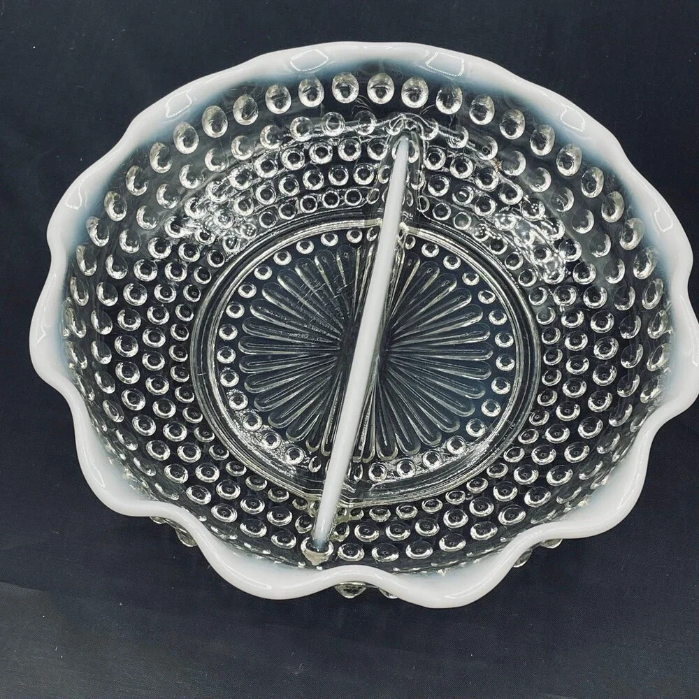 Vintage 2 Section Hobnail Opalescent Moonstone Ruffle Dish Fenton Anchor Hocking